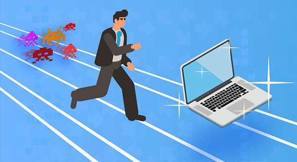 Man in suit racing digital viruses